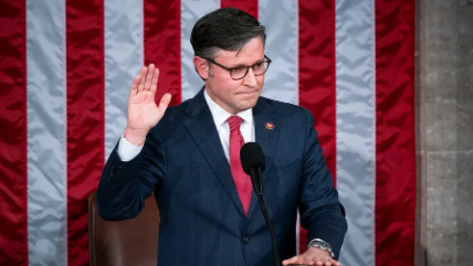 Mike Johnson is sworn in as the 56th Speaker of the House on October 25, 2023. Johnson was endorsed by Trump, but only roughly supported by the Republican party.