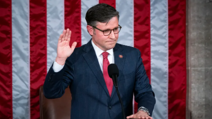 Mike Johnson is sworn in as the 56th Speaker of the House on October 25, 2023. Johnson was endorsed by Trump, but only roughly supported by the Republican party. Photo used with permission from Mirando Nazzaro .