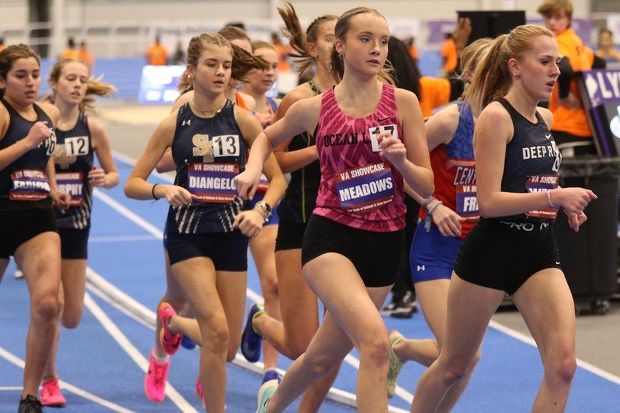 Junior Lindsay Meadows races in the 1600-meter run at The VA Showcase on Jan. 12, 2024, in the Virginia Beach Sports Center. Photo used with permission from Dan Loughlin.