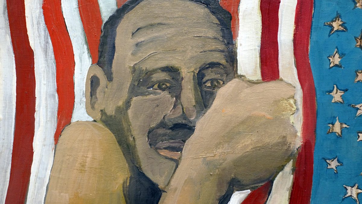 The image shows the painting “Flag Day” which was painted by Benny Andrews. It symbolizes the hope and struggles of the African American community for rights and equality. (Andrews Flag Day/ Steven Zucker/ Flickr/ CC BY-NC-SA 2.0)