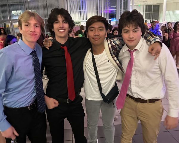 Left to right: Juniors Sawyer Adams, Kaden Pratt, Nathan Serrano and Thomas Dillard dance the night away at the Sadie Hawkins dance in the cafeteria on Feb. 9, 2024. Photo used with permission from Nathan Serrano.