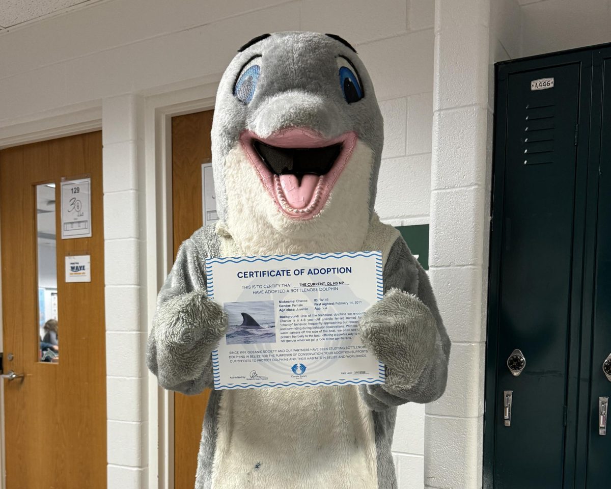 Spirit The Dolphin smiles for a picture with The Currents certificate of adoption. The Current officially adopted Chance, a female bottlenose dolphin, on Feb. 1, 2024. 