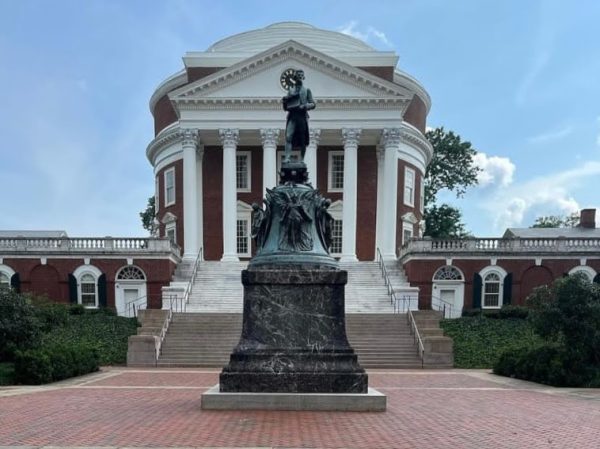 A statue of the 3rd president of the U.S., Thomas Jefferson, resides on the campus of the University of Virginia in Charlottesville, Va. Widely considered one of the most prestigious colleges in Virginia, UVA awarded $179 million in financial aid for the 2022-2023 school year, according to the Washington Post. Photo used with permission from Kristin Refisnider.