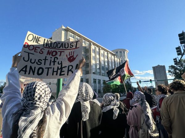 Protesters march the streets of Norfolk shouting “Free Free Free Palestine, Free Free Free Gaza”  on October 21, 2023.