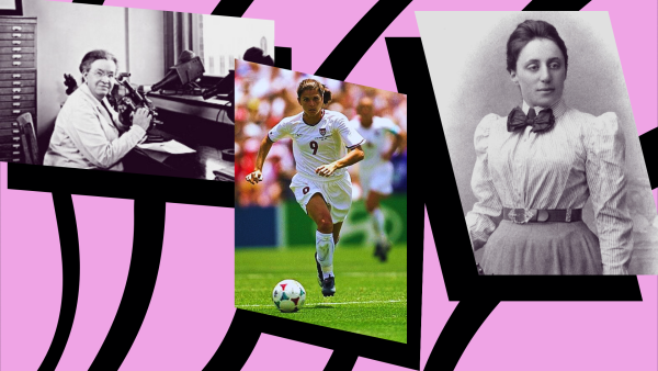 A collage features Dr. Florence Sabin, Mia Hamm and Amalie Emmy Noether.