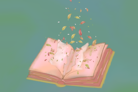 In this digital art piece, a book’s pages fall open and transform into a flurry of leaves, demonstrating the beauty of the mystical realms books can take the reader to.