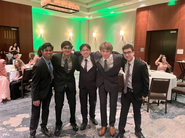 Juniors (from left to right) Aiden Varghese, Kaushik Tatta, Dylan Mach, Jackson Crickard and Felipe Lugo-Gooding enjoy a night at Ring Dance on April 20, 2024.