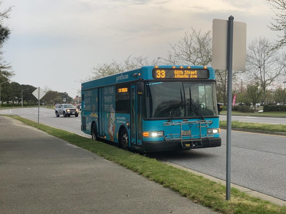 An+HRT+bus+stops+along+its+route+on+Upton+Drive+in+Virginia+Beach+on+April+2%2C+2024.+There+are+currently+21+active+HRT+bus+routes+throughout+Virginia+Beach.