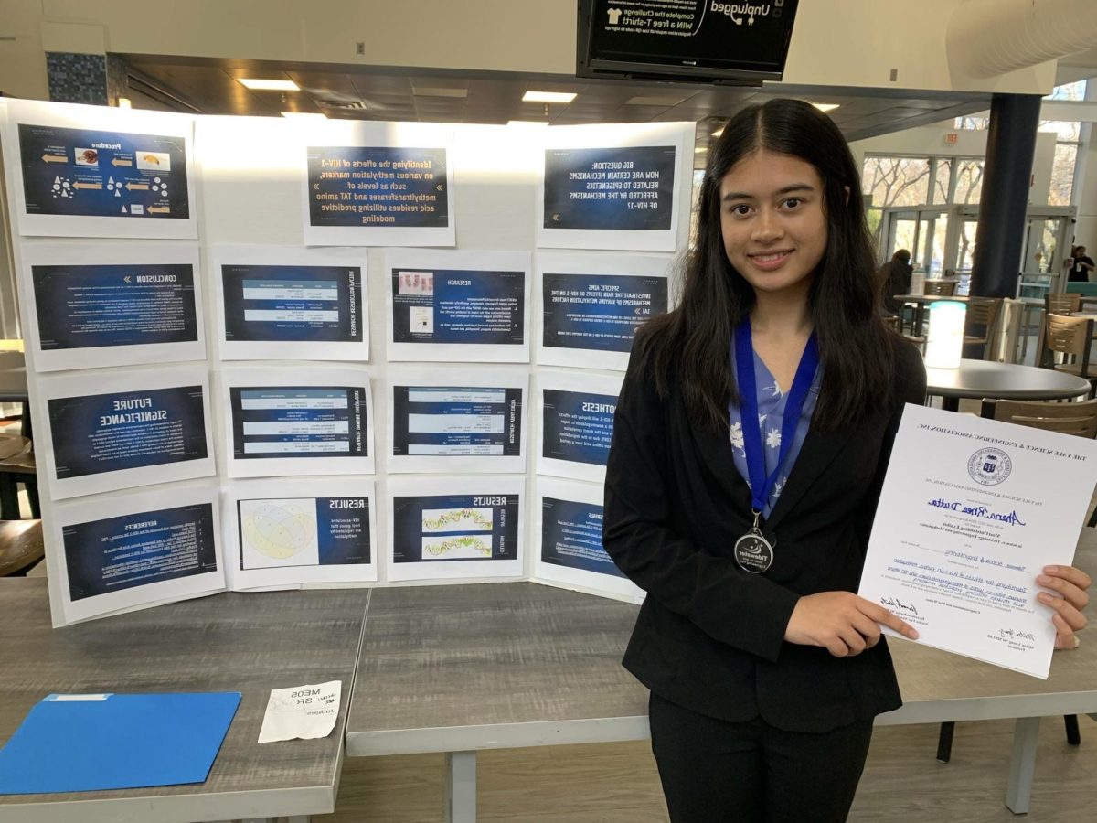 Junior+Ahana+Dutta+smiles+with+her+awards+for+her+health+sciences+project+on+March+9%2C+2024.+Her+project+on+the+effects+of+HIV-1+on+methylation+markers+won+first+place+in+the+medical+division+and+a+special+award+from+Yale.+Photo+used+with+permission+from+Arijit+Dutta.