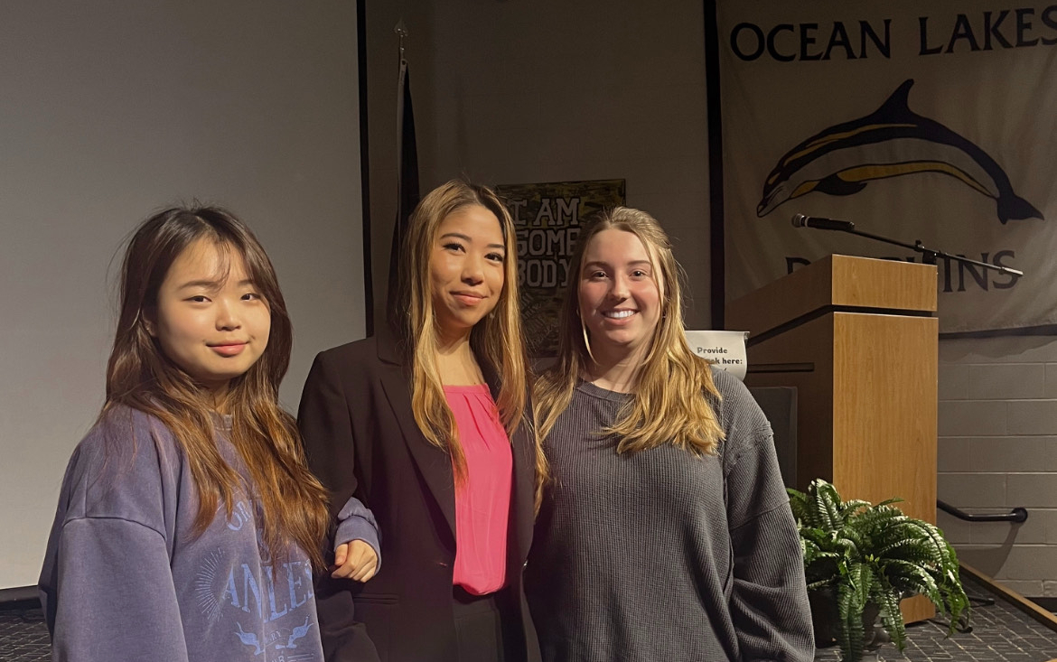 Seniors Yuna Pak, Iana Niknezhad and Reagan Labert smile after presenting their MSA senior projects on March 8, 2024 in the Schola. The presentation panel consisted entirely of female students, as it was International Womens Day. Photo used with permission from Iana Niknezhad.