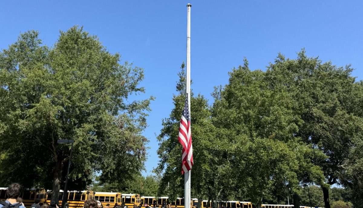 The American flag flies at half-mast outside Ocean Lakes High School on Sept. 11, 2024. This is done to honor the 2,977 people who were killed on that day, the deadliest terrorist attack in history.