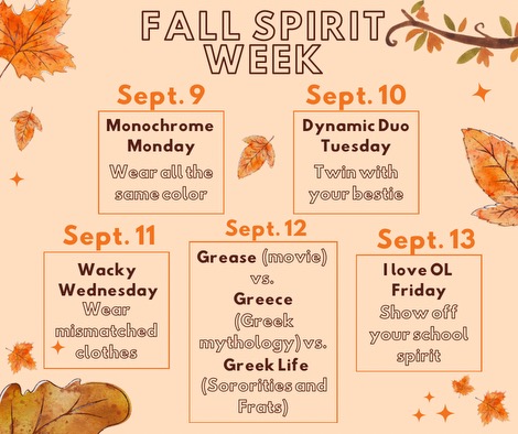 The schedule represents the theme of each day during the spirit week.