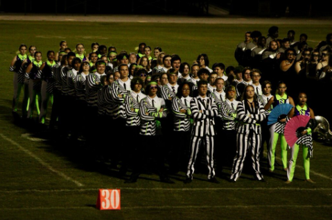 Ocean Lakes Marching Band poses together at Princess Anne High School, on Sept. 21, 2024. They are awaiting their winning score. Photo used with permission from Cristin Pullman.