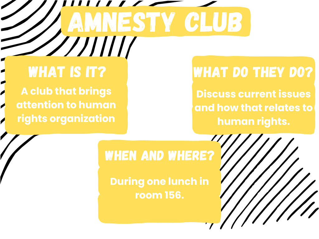 Canva showcases Amnesty International Club information. Made by Anna Daubenspeck on October 31st.