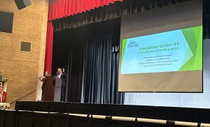 Superintendent Robertson gives a presentation to families on Youngkin’s Executive Order 33 at Princess Anne High School on Oct. 23, 2024. The presentation was part of a series of sessions put on by VBCPS at various high schools across the district to discuss the new cellphone policy. Photo used with permission from Debby Hughes.