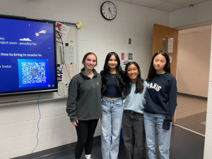 From left to right: club president Caroline Jackson, historian Kamie Santos, vice president Maddie Llamas and alternate officer Alicia Han at a Bible study meeting in Room 222 on Nov. 26, 2024. The club connects Christianity to a school environment.