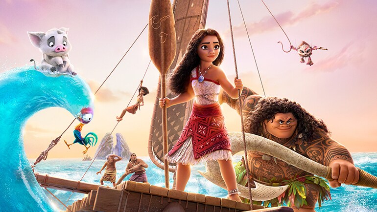 The image shows Moana along with her crew as they sail the seas to save the world. Image courtesy of Disney UK.