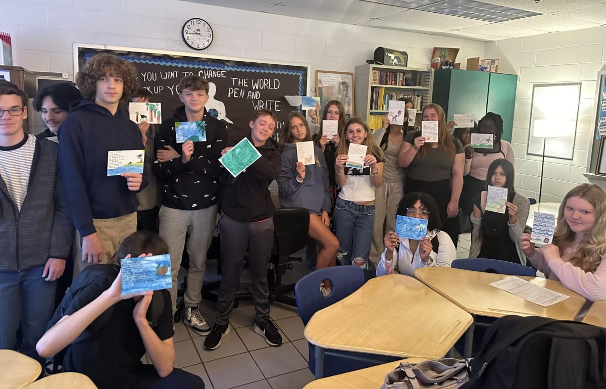 Students in Fara Wiles English class in block 1 display their poems, on Oct. 15, 2024. The students wrote animal poems to better understand symbolism, and the illustrated them with watercolors.