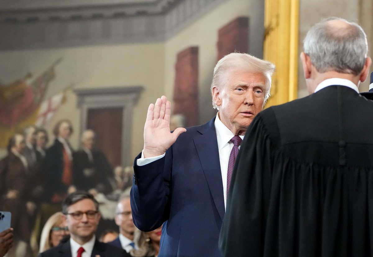 President Donald Trump takes the presidential oath of office in the U.S. Capitol Rotunda on Jan. 20, 2025. Chief Justice John Roberts, serving since 2005, delivered his oath. (President Donald Trump is sworn in for a second term/The Trump White House/Wikimedia Commons/Public Domain)