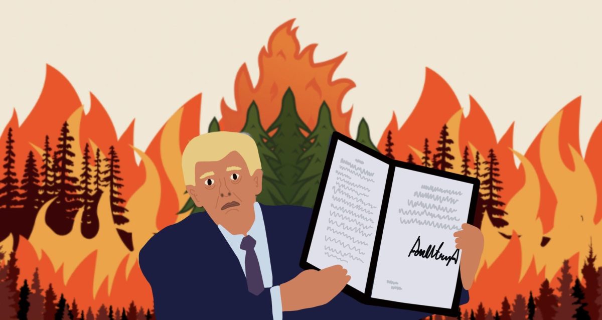 Illustration shows President Trump holding his signed executive order to withdraw the U.S. from the Paris Agreement on Jan. 20, 2025, alongside other environmental rollbacks. The burning forests behind him symbolize the Earth's suffering under detached policymaking.