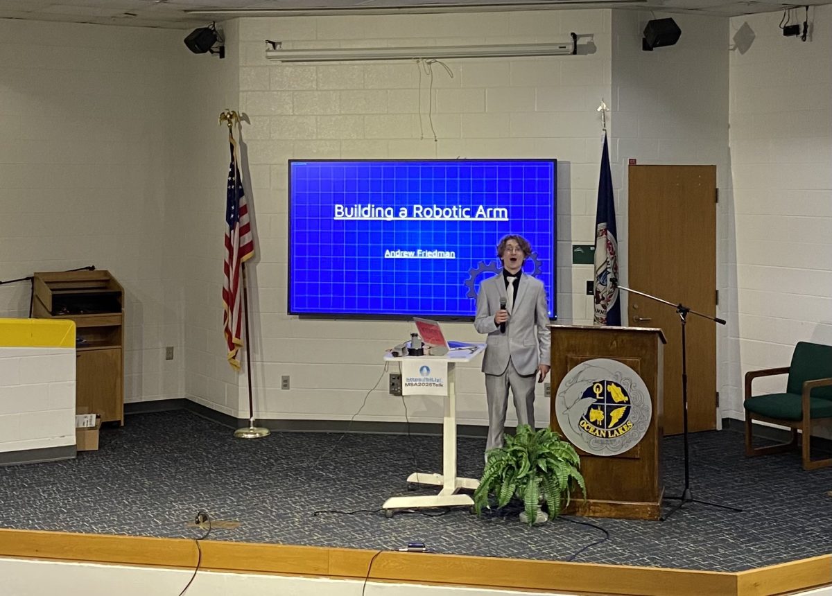 Senior Andrew Friedman prepares to present his project on designing and constructing a robotic arm on Feb. 27, 2025. His project will also be shown during the Tidewater Engineering and Science Fair (TSEF).