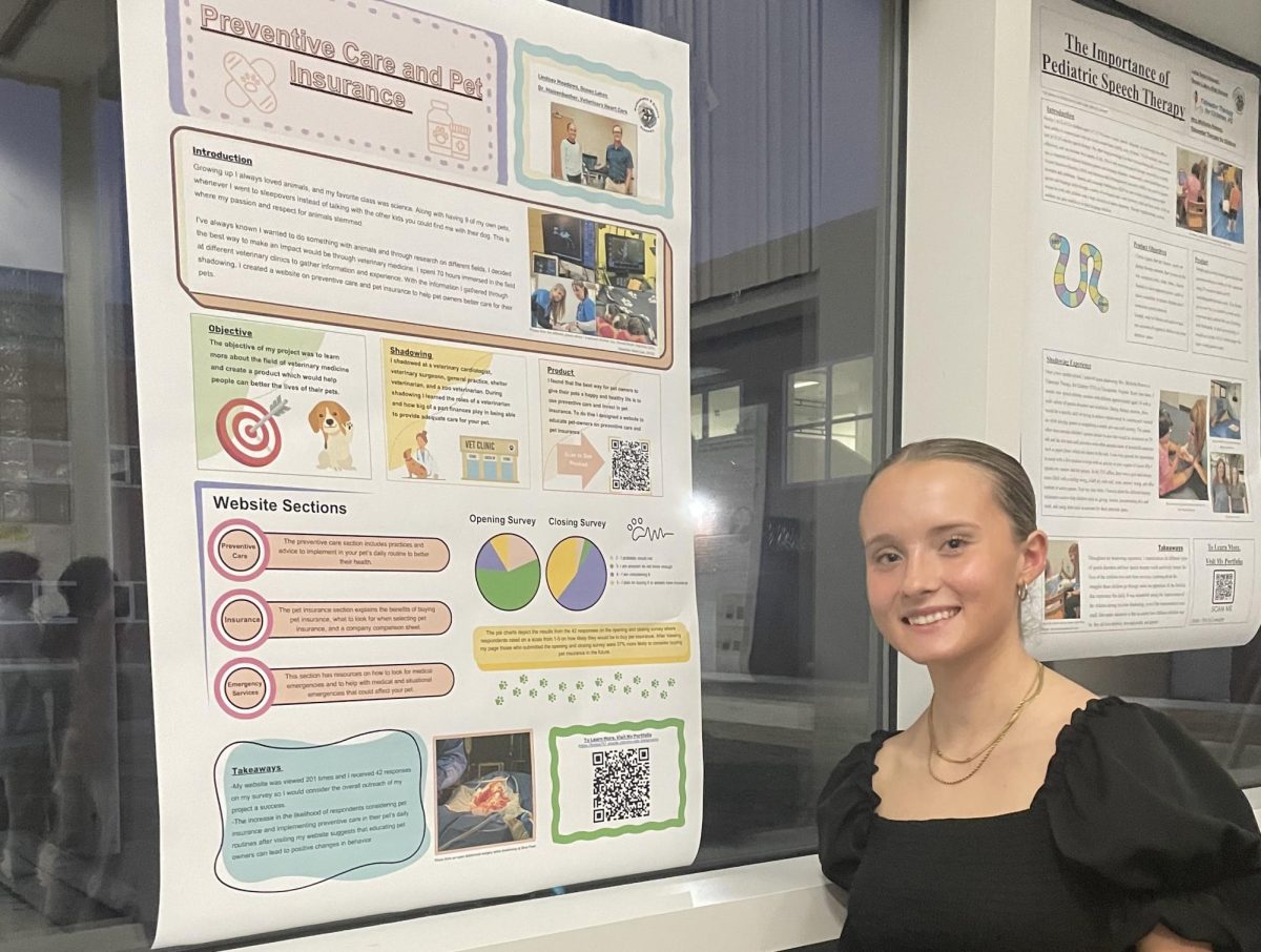 Senior Lindsay Meadows presents her senior project poster at gallery night on Feb. 04, 2025. She will next present her project on March 6, 2025 during fourth block in the schola. Photo used with permission from Samantha Grimes. 
