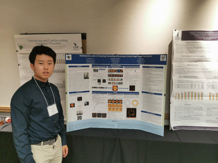 Rockwell Li presents his project at the International Conference on Machine Learning and Applications in 2023. His project about a Scanning Tunneling Microscope was created to improve resolution based on a sister-model microscope, the atomic force microscope. By incorporating Gaussian mixture localization through a neural network Rockwell improved the ability of the microscope to create a clear representation of molecules. Photo used with the permission of Rockwell Li.