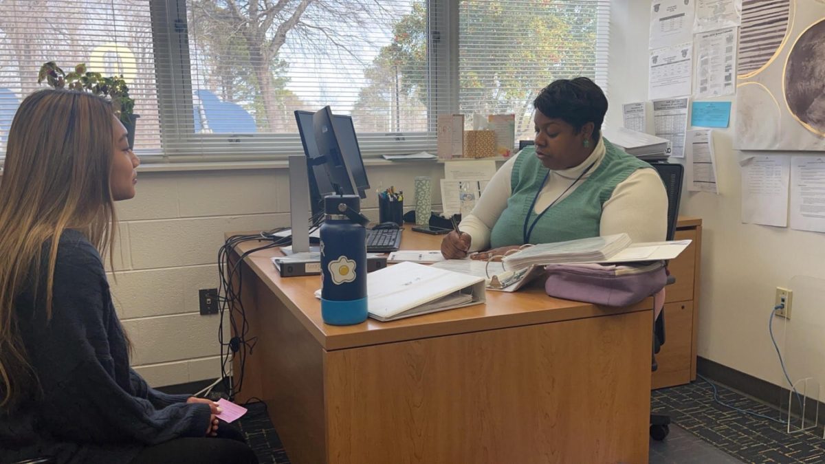 Picture captures guidance counselor Danetia Wilkins doing work off screen rather than on screen. Ms. Wilkins worked on course requests on paper instead of online. 
