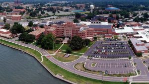 An aerial shot of the Veterans Affairs Hospital in Hampton, Virginia. This hospital is one of the many entities in the Tidewater area that is already being affected massively by executive decisions made by President Trump. Photo used with permission from WHRO via the Hampton VA Facebook.