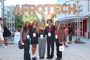 From left to right: MIT Sophomores Tolu Ojo-Osagie, Sonia Kekeh, Jenna Saykhamphone, Ewuraba Buckle and Aneesa Beckford attend the AfroTech Conference in Houston, Texas on Nov. 14, 2024. The AfroTech Conference is the largest Black tech conference, with over 20,000 innovators attending to hold in-person and digital events filled with dynamic programming on trends and networking with the top tech recruiters. Photo used with permission from Sonia Kekeh. 