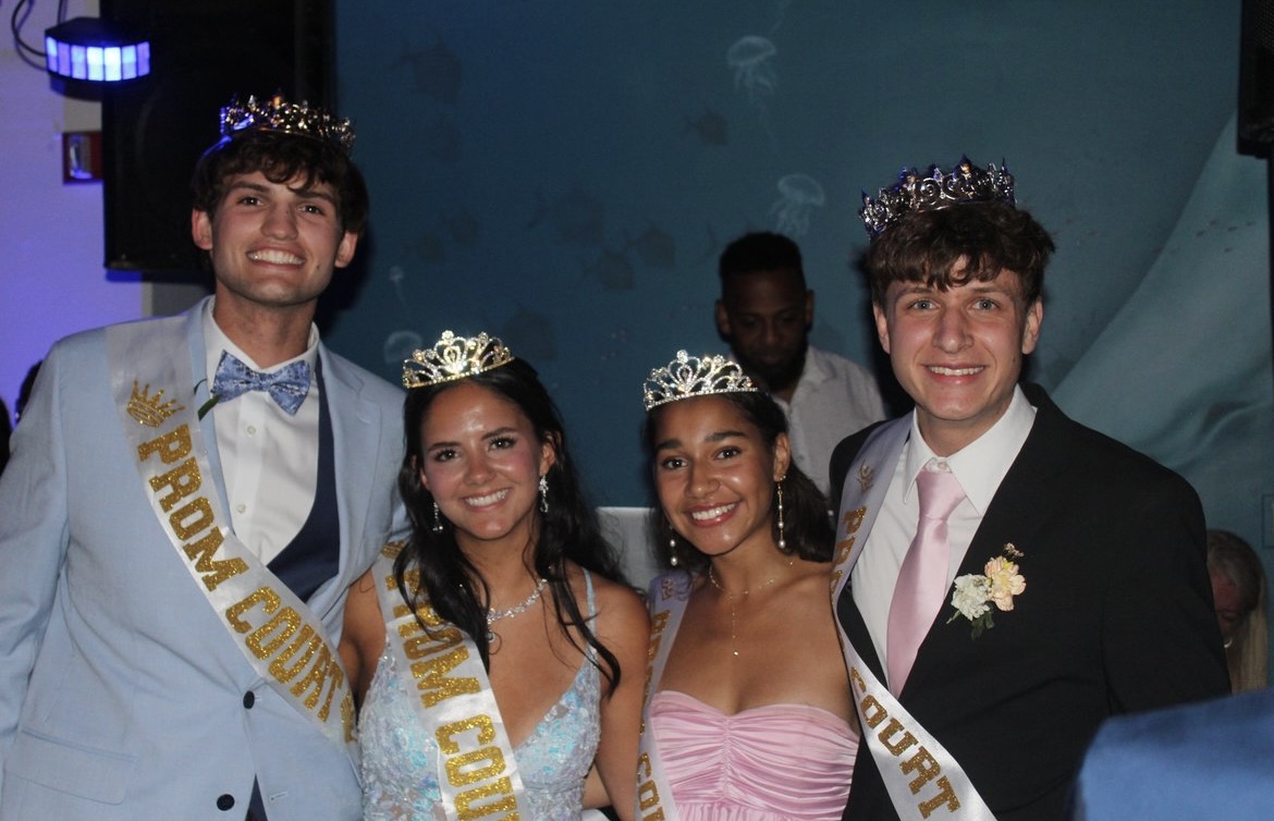 Seniors Cade Conelias, Olivia Rodrigo, Khadija Sissoko and Roman Chapman are crowned as Prom Couple, Queen and King (from left to right) on May 17, 2025. Photo used with permission from Nyzier Dejour.

