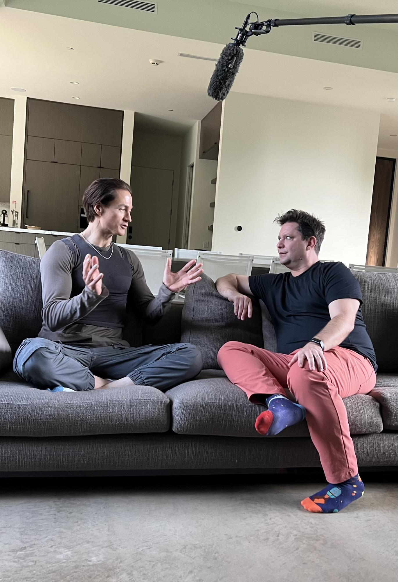 Ashlee Vance (right) interviews Bryan Johnson at his home on March 4, 2023. Johnson was the focus of the documentary “Don’t Die,” which Vance helped produce. Photo used with permission from Ashlee Vance.
