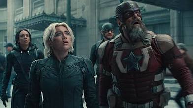 Pictured from left to right: Ava Starr (Hannah John-Kamen), Yelena Belova (Florence Pugh), John Walker (Wyatt Russell) and Alexa Shostakov (David Harbour) look in fear at the Void taking over New York City. The long-awaited movie assembled a team of antiheroes, known as the New Avengers. Courtesy of Marvel.