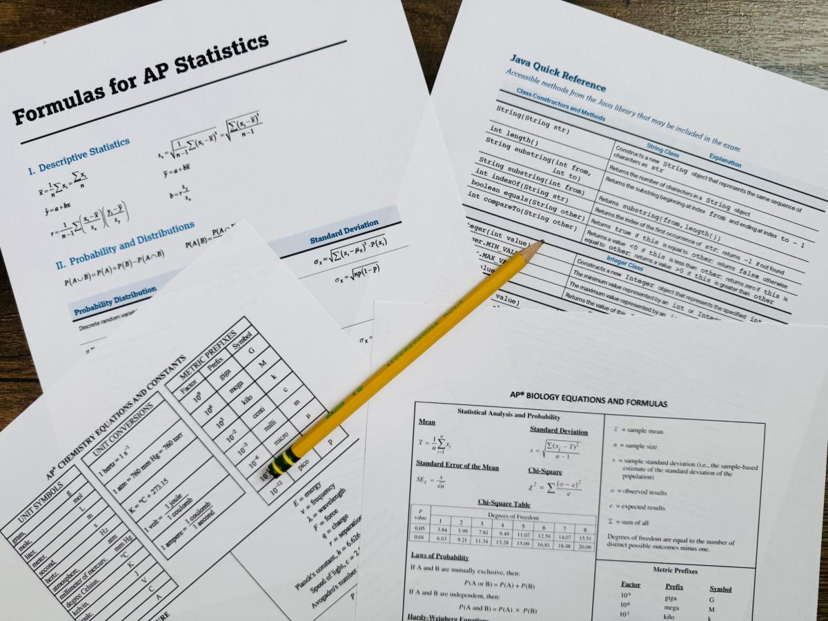 Four paper reference sheets and a pencil lie on a desk on May 17, 2025. Courses, such as AP Statistics, AP Computer Science A, AP Chemistry, and AP Biology have extensive reference sheets with important formulas and vocabulary, hence the reason why some prefer flipping through a paper copy instead of scrolling through an online one.