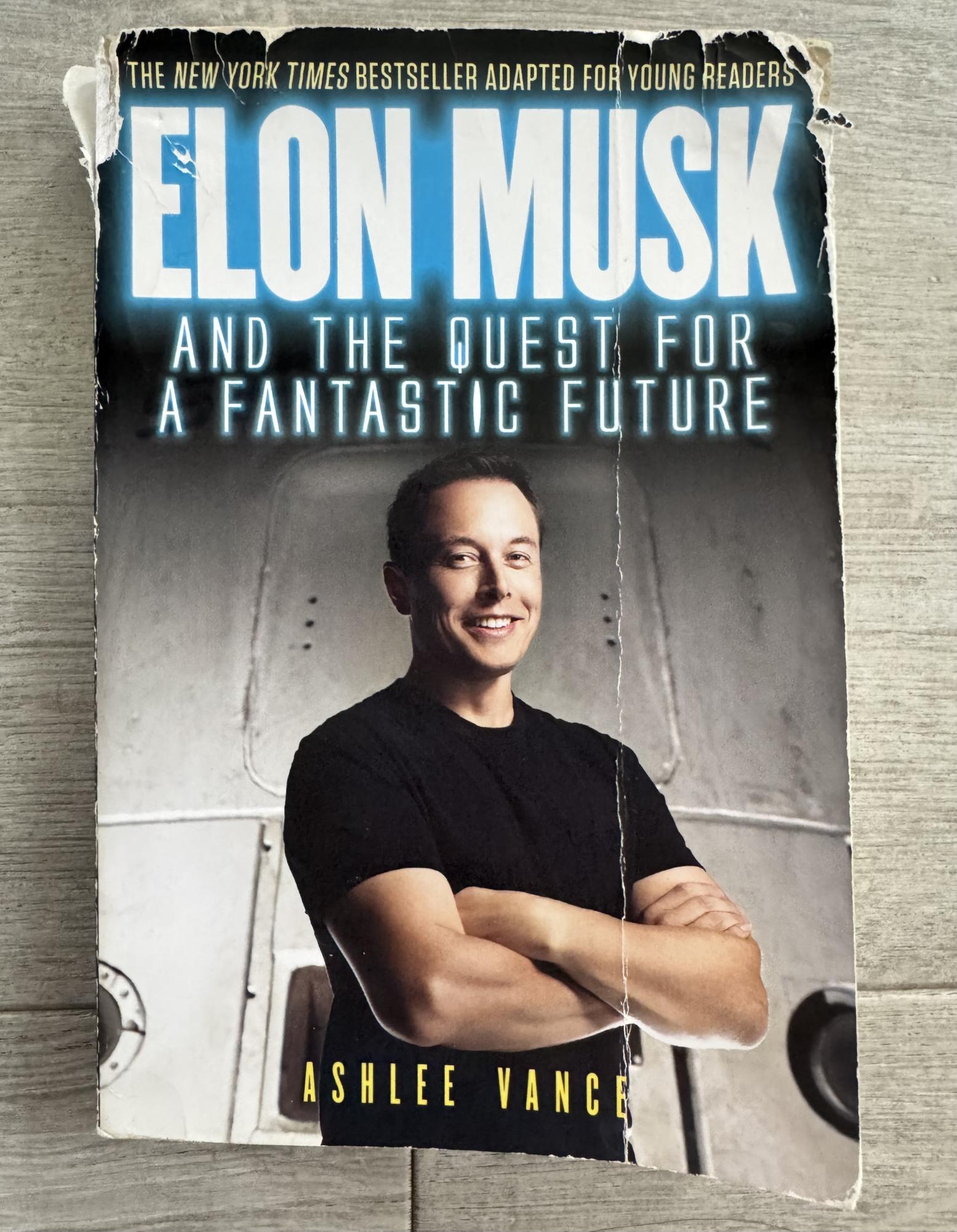 The young reader’s edition of Ashlee Vance’s book about Elon Musk sits on a desk on May 29, 2025. His unbiased yet deep coverage of Musk’s journey initially propelled Vance to fame.
