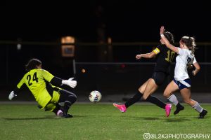 Senior and captain Marlie Smith makes an incredible save to keep Great Bridge from scoring a game-tying goal, allowing the Dolphins to win 1-0 in a very competitive match. The game took place on March 28, and marked the team’s second win of the season.  Photo used with permission from Marlie Smith. 
