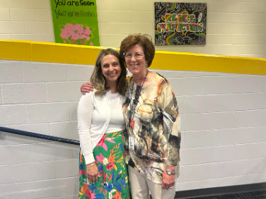  Claire LeBlanc and Leslie Ittner together after a staff meeting in the Schola on June 2, 2025. They met to discuss next year with Leslie Ittner as the new principal. 
