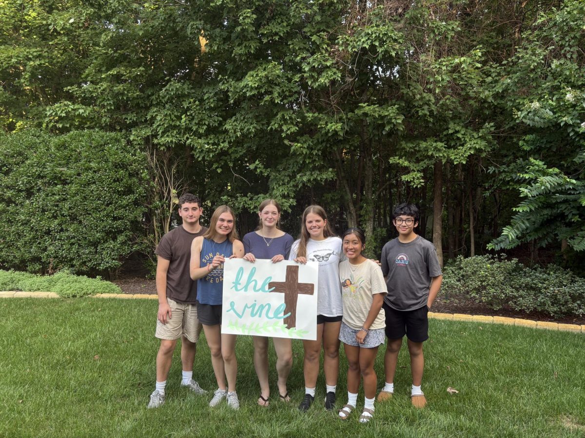 From left to right: Executive board members Aidan Favarolo, Avery Smead, Laurel Dick, Brooke McCallister, Maddie Llamas and Jack Llamas gather after the first executive board meeting for The Vine on August 18, 2025. Members discussed future plans for The Vine during the meeting. Photo used with permission by Brooke McCallister.

