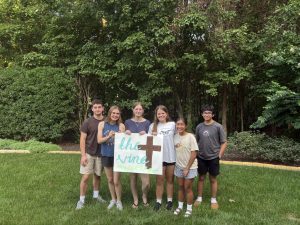 From left to right: Executive board members Aidan Favarolo, Avery Smead, Laurel Dick, Brooke McCallister, Maddie Llamas and Jack Llamas gather after the first executive board meeting for The Vine on August 18, 2025. Members discussed future plans for The Vine during the meeting. Photo used with permission by Brooke McCallister.
