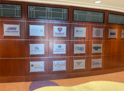 Community Partners Wall at Roanoke Higher Education Center's, featuring colleges, universities and community organizations, on Aug. 29, 2025.