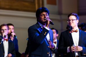 Nimish Nookala '24 sings a solo during the Virginia Gentlemen's 2025 Spring Classic Concert on Apr. 17, 2025, as president Cavan Meade (right) looks on. The VGs performed an original cover of Speechless by Dan + Shay at UVA. Photo used with permission from Nimish Nookala.