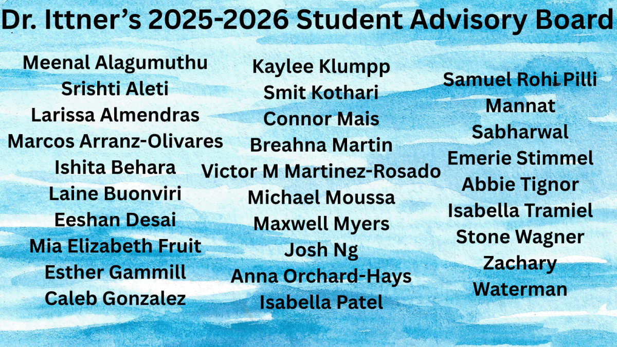 The list of the people who were accepted to Dr. Ittner’s 2025-2026 Student Advisory Board. The message of the people who got in was sent on Sept. 24, 2025, by instructional technology specialist Meri Reddick. Canva made by Chris Litto.

