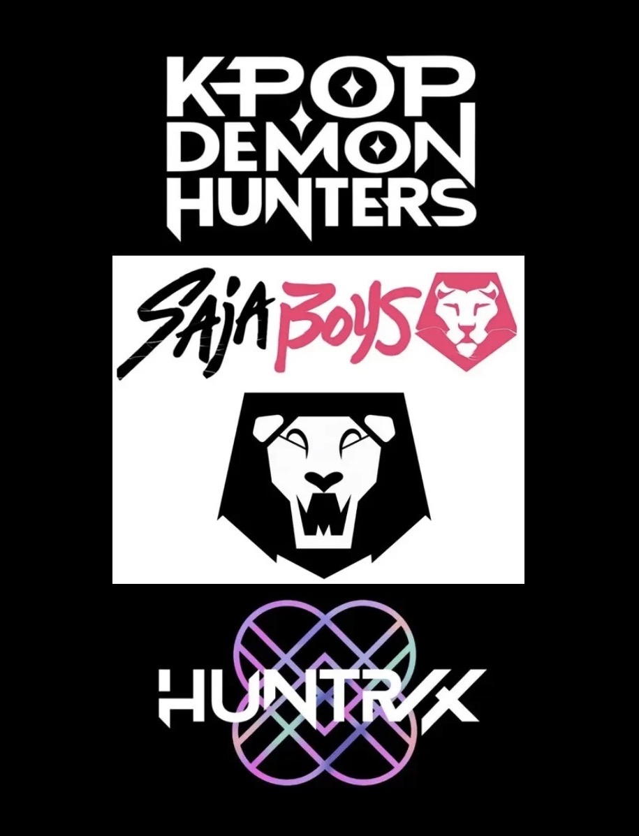 The graphic shows the logos for Kpop Demon Hunters, the Saja Boys and HUNTR/X. Image created with Canva.