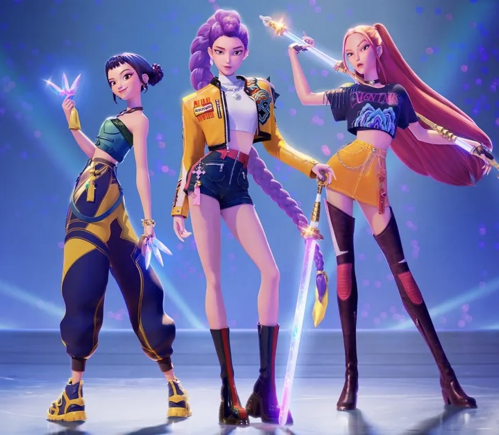 Zoey (left), Rumi (middle) and Mira (right) of HUNTR/X pose as they brandish their weapons. Zoey wields shin-kal (throwing knives); Rumi holds a saingeom (double-edged straight sword); and Mira swings a gok-do (polearm weapon). Image courtesy of Netflix.