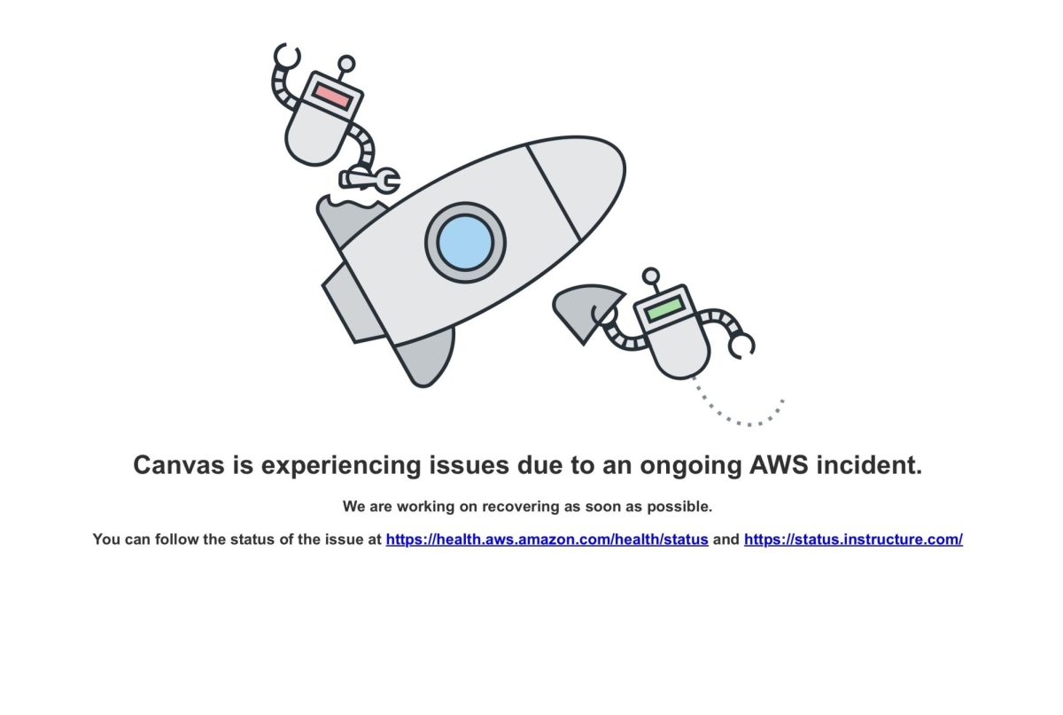 The screen displays the error message from Canvas during the outage. Multiple websites tracked the latest updates regarding the issue throughout the day.
