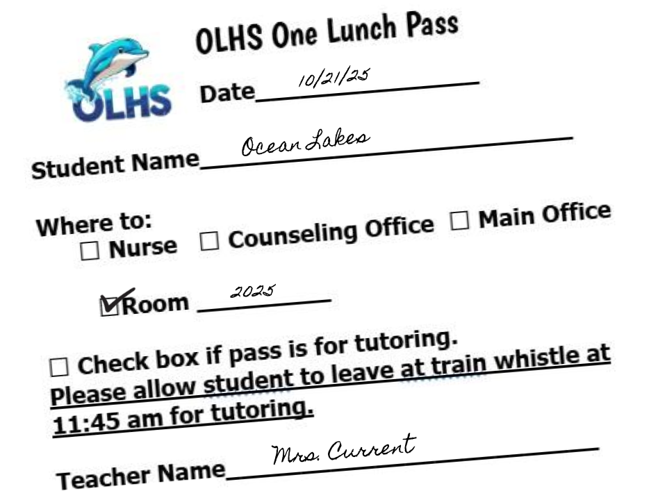 An example of a One Lunch pass. This pass is now required for all students walking in the hallway after 11:55 a.m. except for those buying lunch.