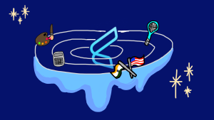 Extracurricular activities revolve around the logo of the Common Application, symbolizing how many students’ lives are driven by college admissions. This can be harmful to students’ lives and wellbeing.