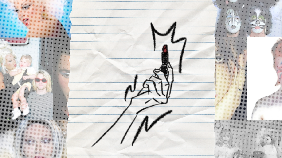 A digital art piece displays a hand holding some lipstick. The background contains a collage featuring pictures of famous men throughout popular culture known for wearing makeup.