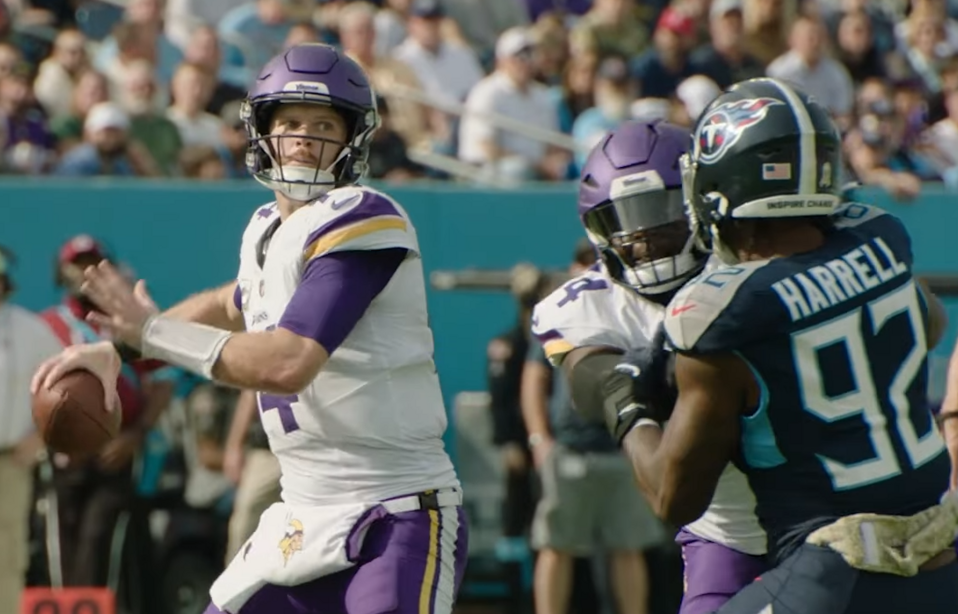 Sam Darnold looks to pass against the Tennessee Titans on November 17, 2024, in Nissan Stadium. The Minnesota Vikings won the game 23-13 en route to a 14-3 record. (2024 Titans vs Vikings Sam Darnold  / Tennessee Titans / Wikimedia Commons / CC BY-SA 3.0)