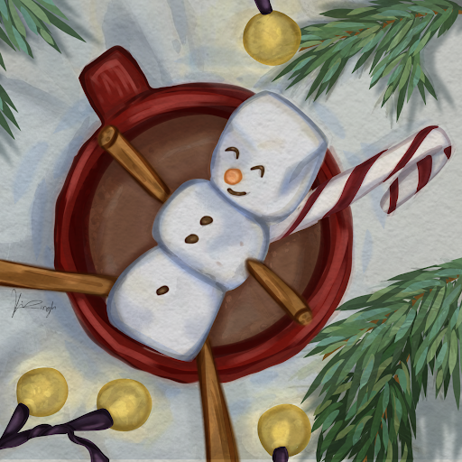 A snowman bathing in hot chocolate, a common Christmas dessert. Art created by Kiara Singh.